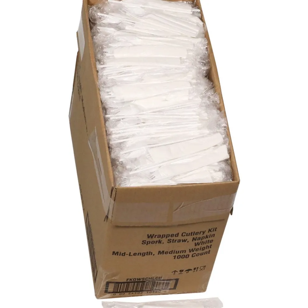 Pactiv Corp. Mediumweight Plastic Fieldware Cutlery Napkin/Spork/Straw Kit - White (1000/Carton)