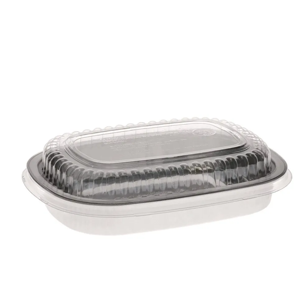 Pactiv Corp. Y6708PET 8.2 in. x 6.2 in. x 1.3 in. 22 oz. Classic Carry-Out Aluminum Container with PET Dome Lid - Silver/Clear (100/Carton)
