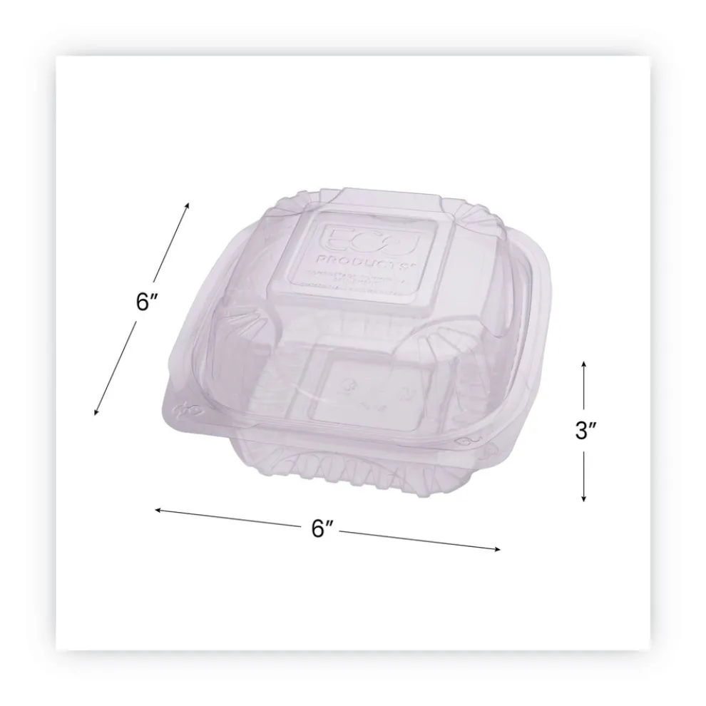 Eco-Products EP-LC6 6 in. x 6 in. x 3 in. Renewable and Compostable Plastic Clamshell Hinged Food Containers - Clear (240/Carton)