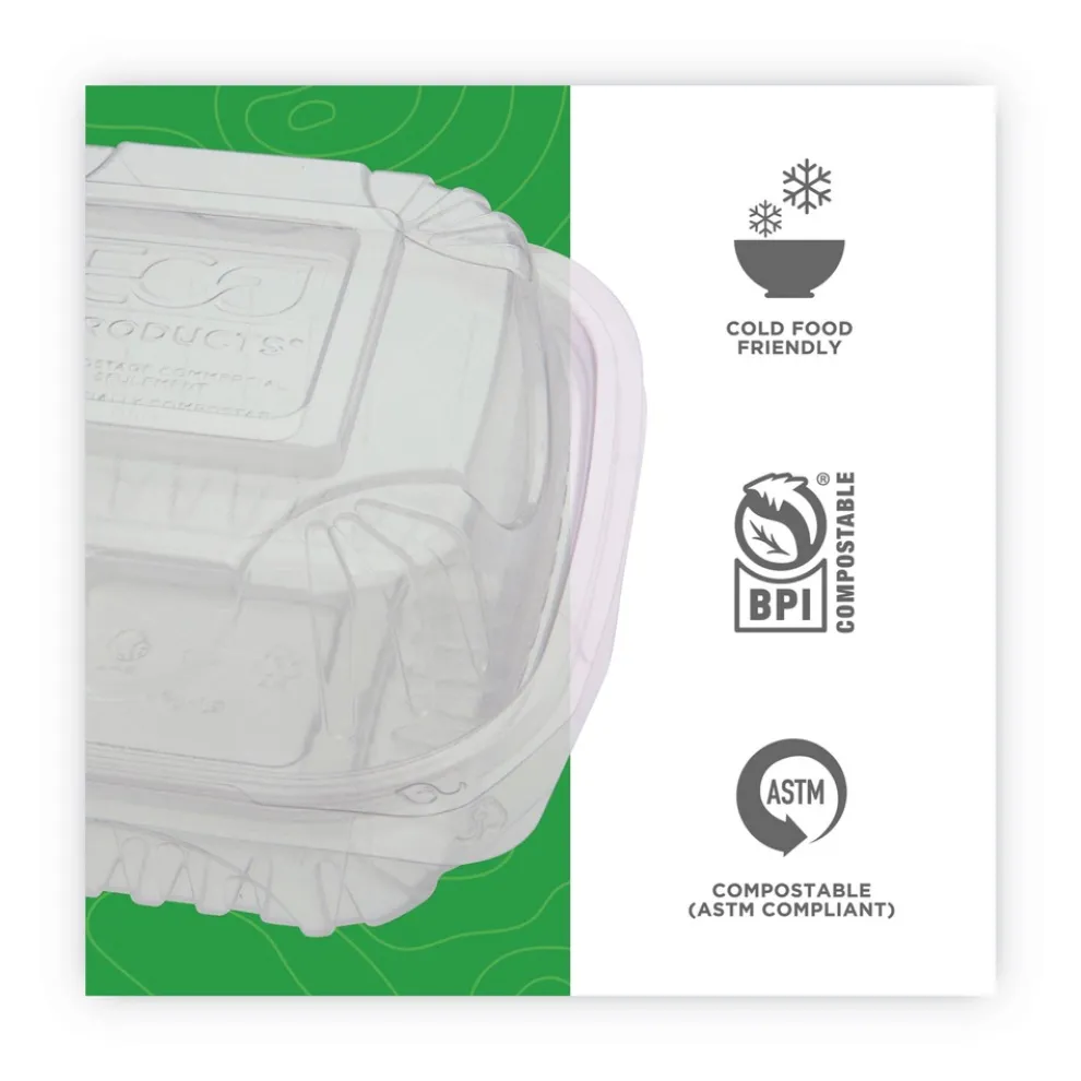 Eco-Products EP-LC6 6 in. x 6 in. x 3 in. Renewable and Compostable Plastic Clamshell Hinged Food Containers - Clear (240/Carton)