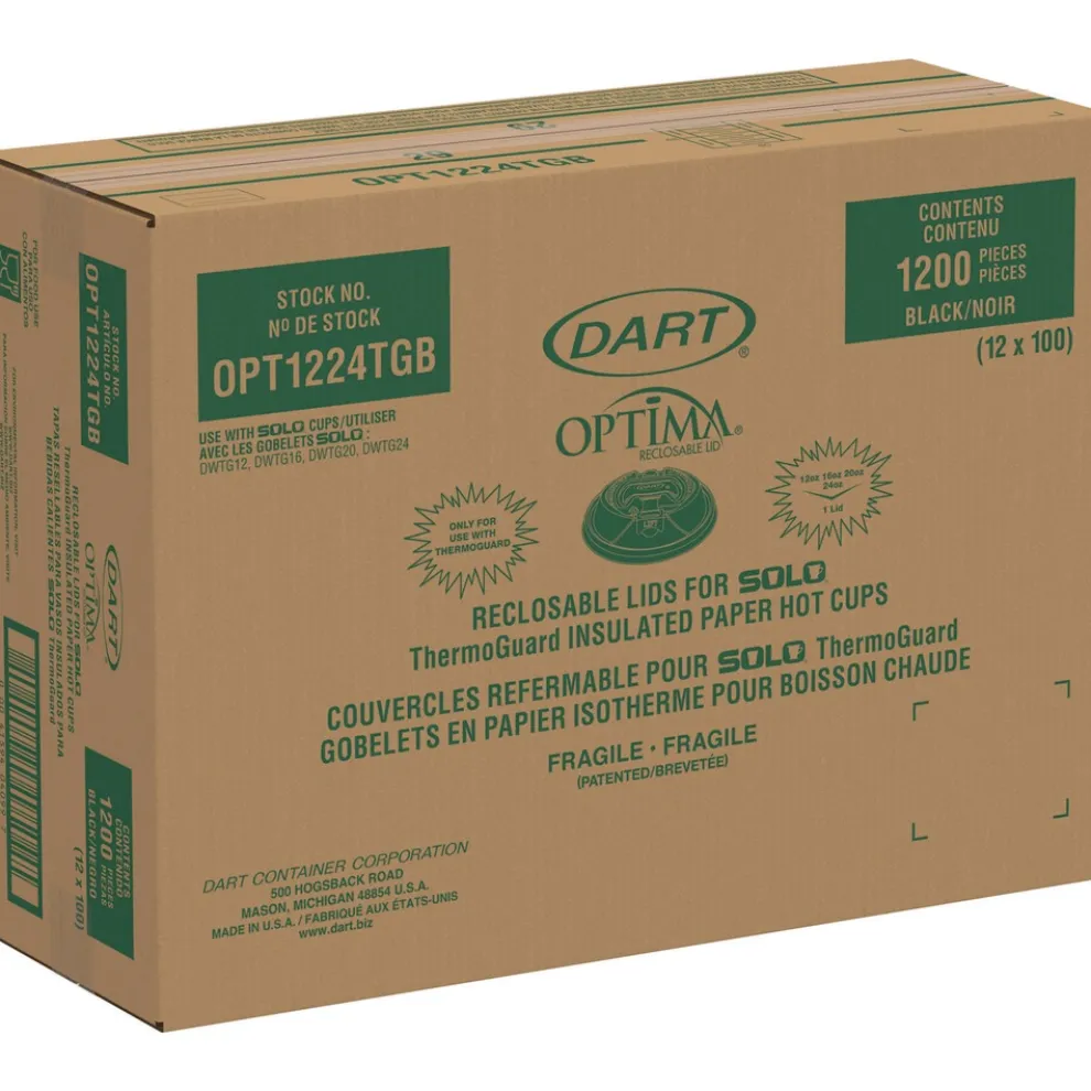 Dart Optima Reclosable Lids for Hot Paper Cups Fits 12 oz. to 24 oz. Hot Paper Cups - Black (1200/Carton)