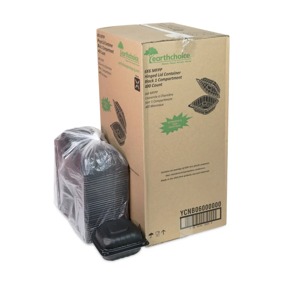 Pactiv Corp. EarthChoice 5.75 in. x 5.95 in. x 3.1 in. Microwavable MFPP Plastic Hinged Lid Container With SmartLock - Black (400/Carton)