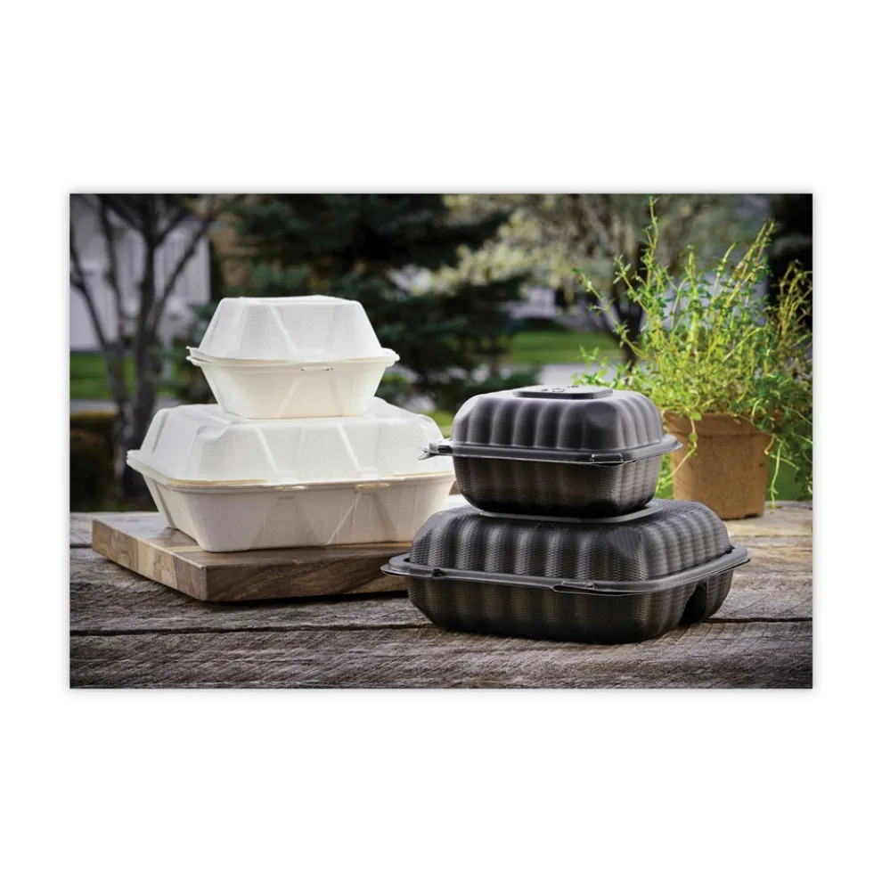 Pactiv Corp. EarthChoice 5.75 in. x 5.95 in. x 3.1 in. Microwavable MFPP Plastic Hinged Lid Container With SmartLock - Black (400/Carton)