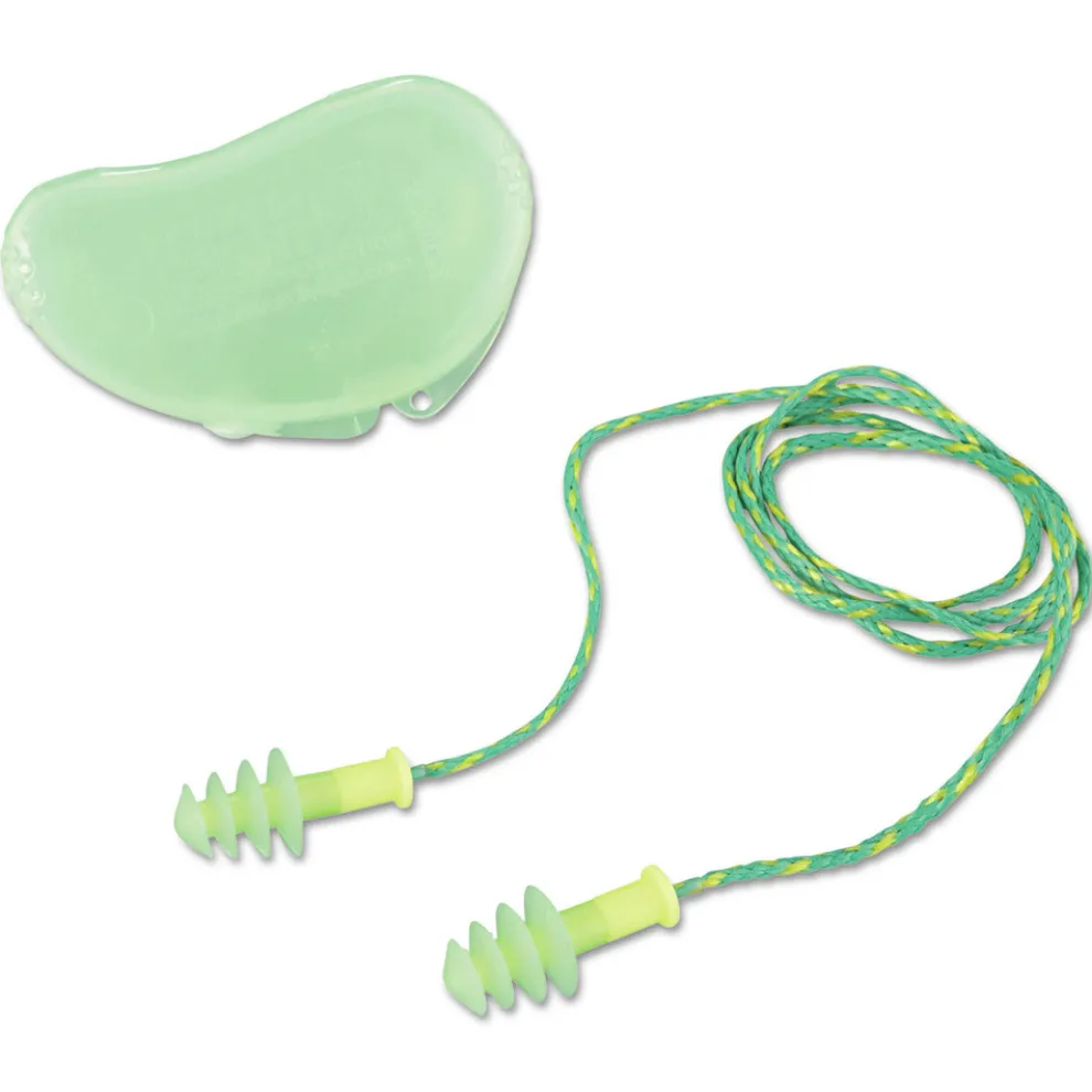 Howard Leight by Honeywell 100-Pair Corded Fusion Multiple-Use Earplug - Small, Green/Yellow