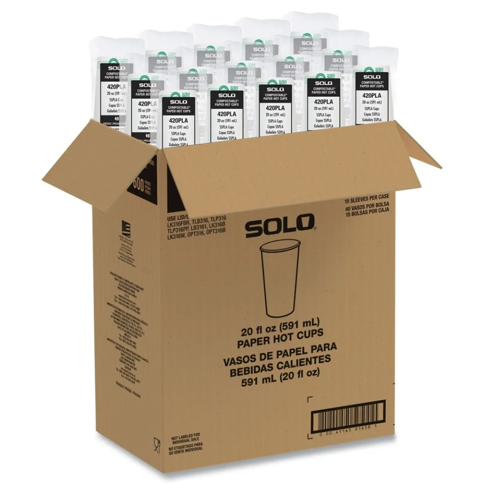 SOLO 20 oz Compostable Paper Hot Cups - White/Green (600/Carton)