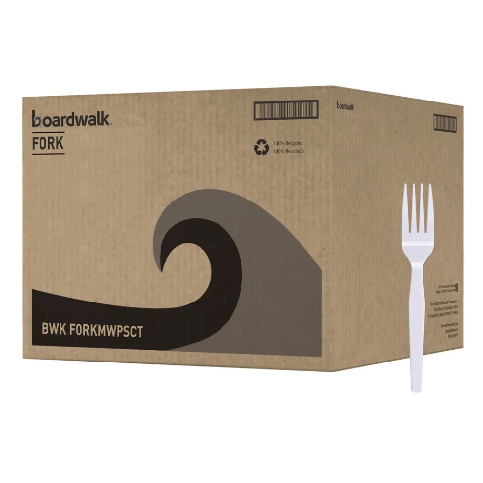 Boardwalk BWK FORKMWPS Mediumweight Polystyrene Plastic Fork Cutlery - White (100/Box, 10 Boxes/Carton)