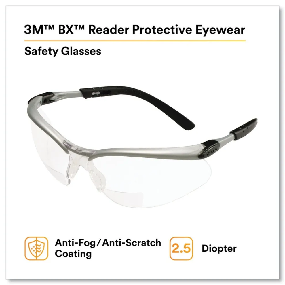 3M BX Molded-In 2.5plus Diopter Strength Safety Glasses - Silver/Black Frame, Clear Lens