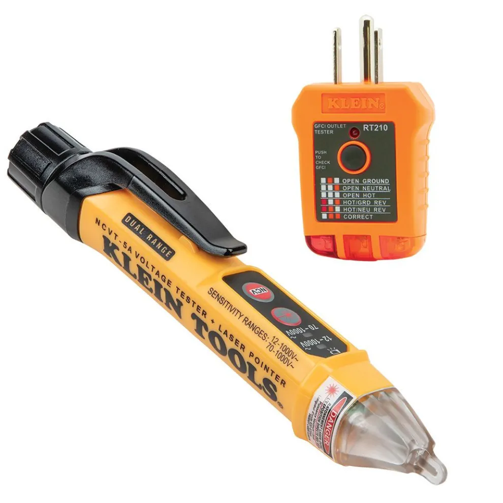 Klein Tools Dual Range Cordless Non-Contact Voltage Tester Kit and GFCI Receptacle with 2 Batteries