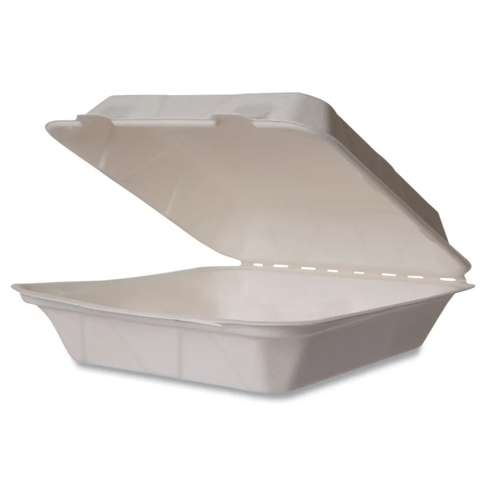 Vegware 9 in. x 9 in. x 3 in. Molded Fiber Compostable Sugarcane Clamshell Containers - White (200/Carton)
