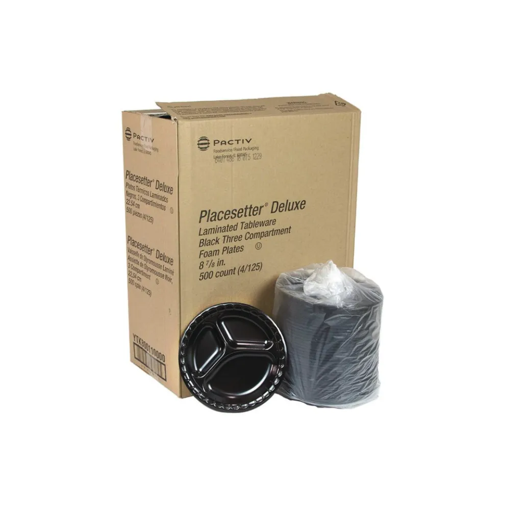 Pactiv Corp. 9 in. Diameter 3-Compartment Placesetter Deluxe Laminated Foam Dinnerware Plate - Black (500/Carton)