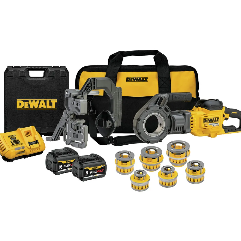 Dewalt 60V MAX FLEXVOLT Brushless Lithium-Ion Cordless Pipe Threader Kit with Die Heads and 2 Batteries (9 Ah)