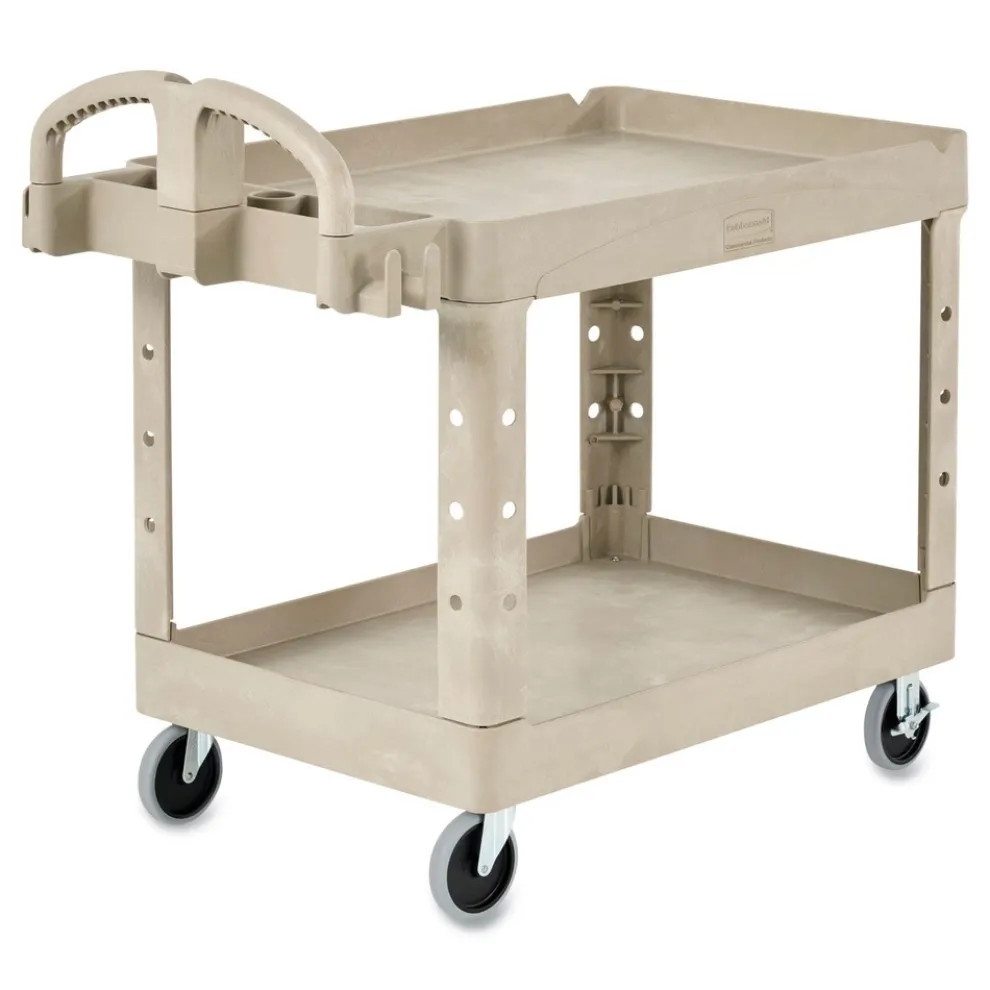 Rubbermaid Commercial 17.13 in. x 38.5 in. x 38.88 in. 500 lbs. Capacity 2 Shelves Plastic Heavy-Duty Utility Cart with Lipped Shelves - Beige