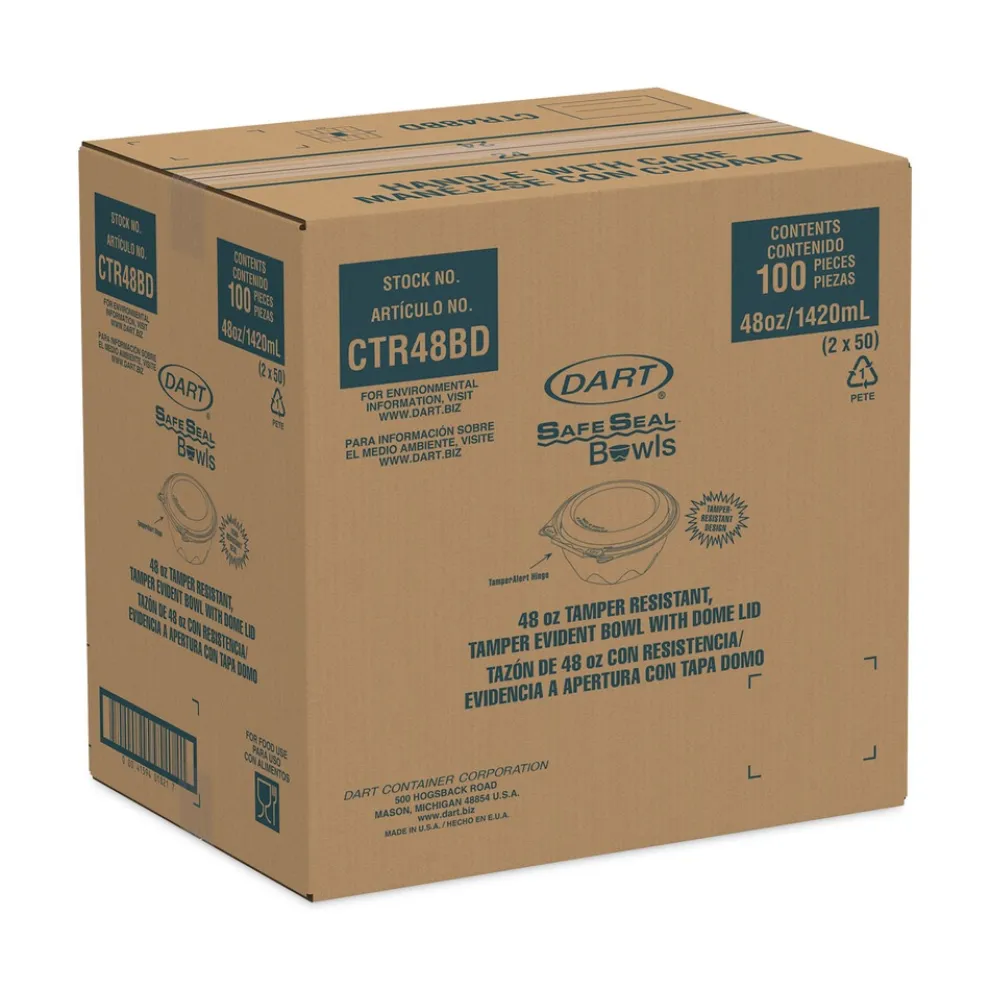 Dart CTR48BD 48 oz. 8.9 in. Diameter x 3.4 in. Height Tamper-Resistant/Evident Plastic Bowls with Dome Lid - Clear (100/Carton)