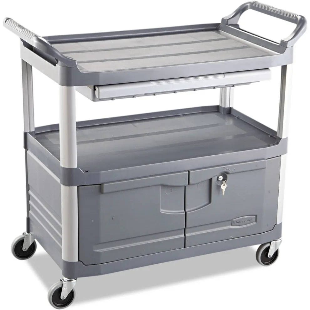 Rubbermaid Commercial 40.63 in. x 20 in. x 37.81 in. 300 lbs. Capacity 3 Shelves Plastic Xtra Instrument Cart with Locking Storage Area - Gray