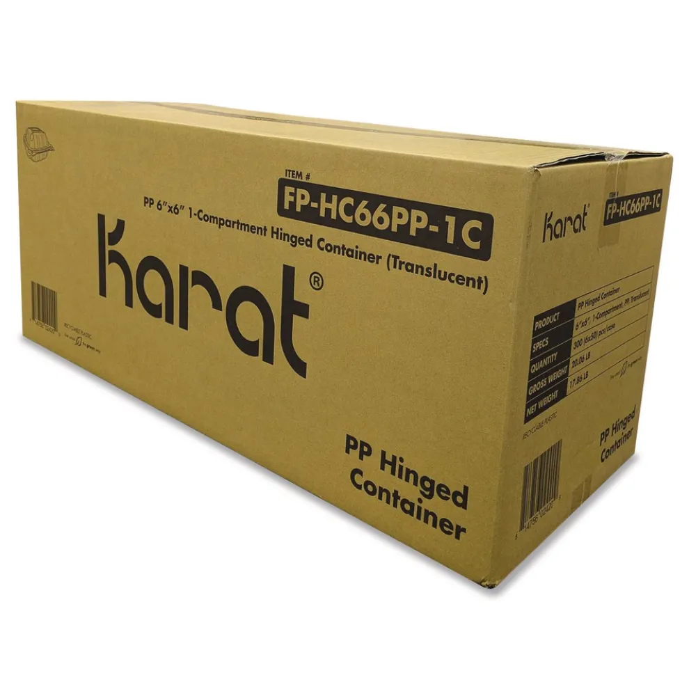 Karat Polypropylene Plastic Hinged Container 6 x 6 x 3.3 Clear Plastic 50/Pack 6 Packs/Carton
