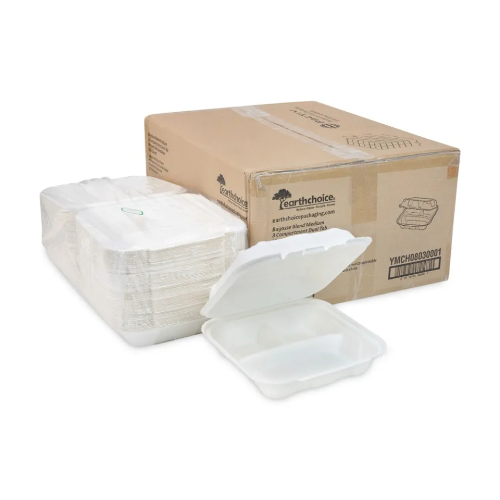 Pactiv Corp. EarthChoice 7.8 in. x 7.8 in. x 2.8 in. Bagasse Hinged Lid 3-Compartment Container with Dual Tab Lock - Natural (150/Carton)