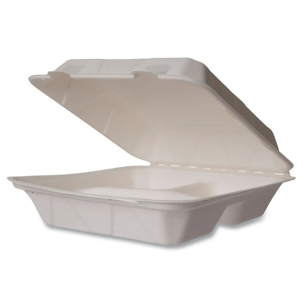 Vegware 5 in. x 9 in. x 2 in. Nourish Molded Fiber Compostable Sugarcane 3-Compartment Takeout Containers - White (200/Carton)