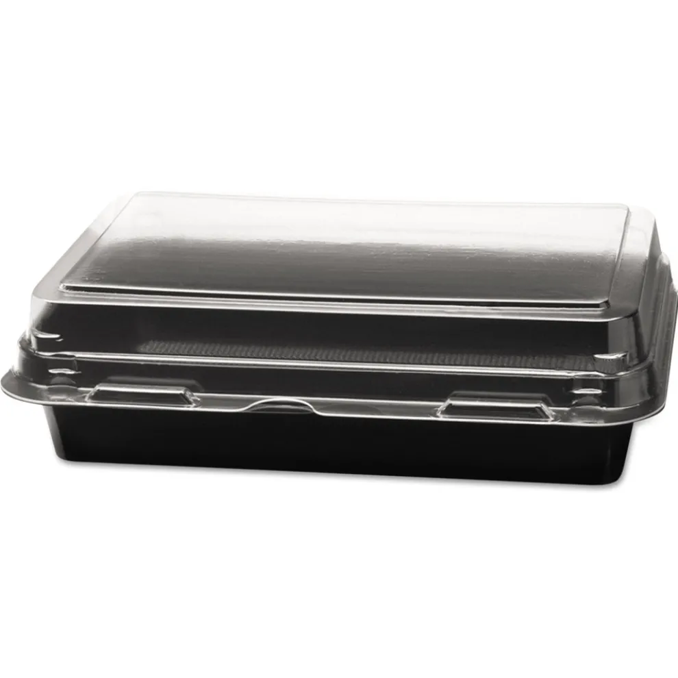 SOLO Creative Carryouts 7.87 in. x 5.4 in. x 2.1 in. 24 oz. Hinged Plastic Hot Deli Boxes - Black/Clear (200/Carton)
