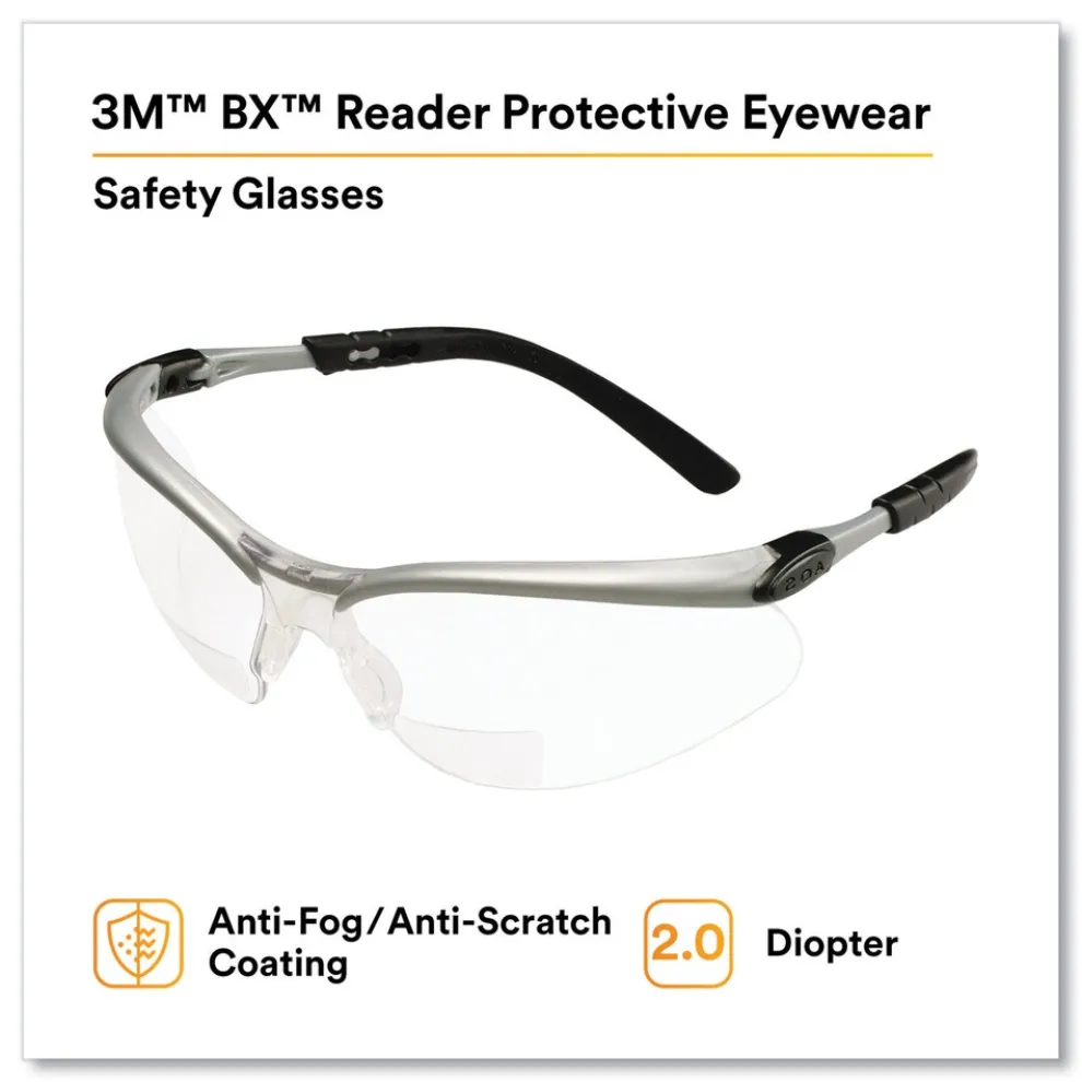 3M BX Molded-In 2.0plus Diopter Strength Safety Glasses - Silver/Black Frame, Clear Lens