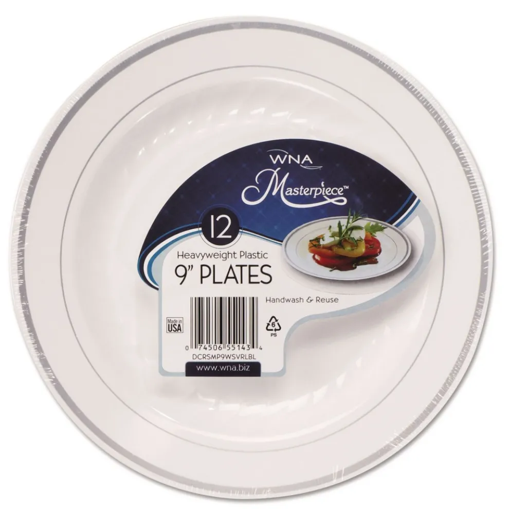 WNA RSMP91210WS 9 in. Diameter Masterpiece Plastic Plates - White/Silver (120/Carton)