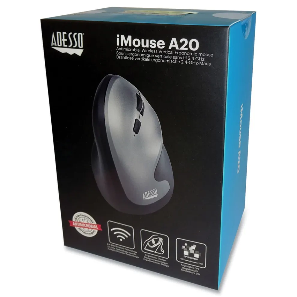 Adesso iMouse 2.4 GHz Frequency 33 ft. Wireless Range Right Hand Use Antimicrobial Vertical Wireless Mouse - Black/Granite