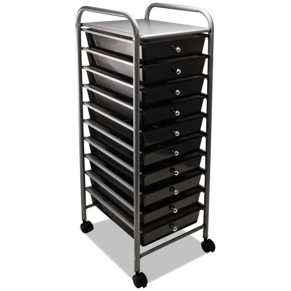 Advantus 1 Shelf 10 Drawers 13 in. x 15.38 in. x 37.75 in. Metal Portable Drawer Organizer - Matte Gray/Smoke