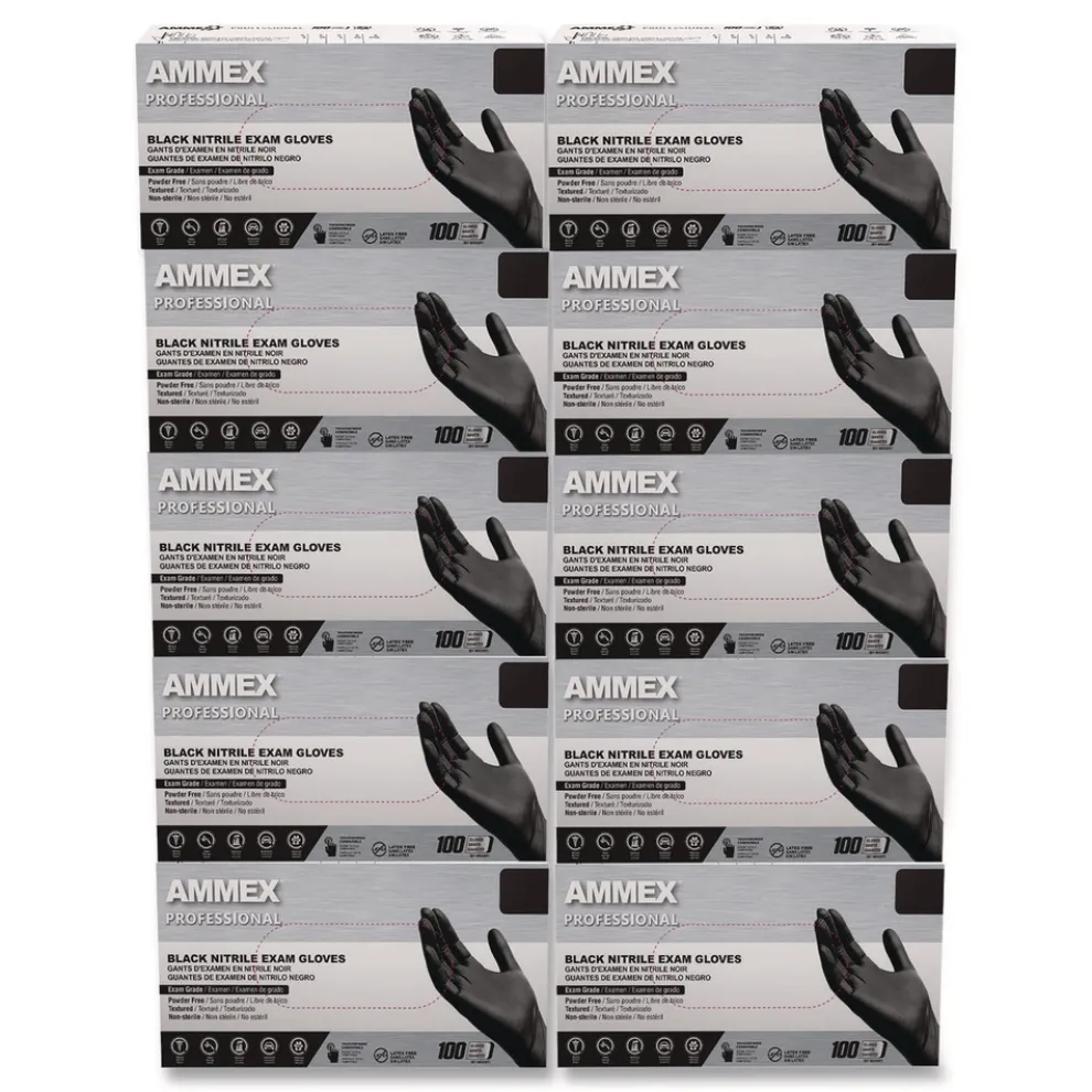 Ammex 9.5 in. Long 3 mil Powder-Free Nitrile Exam Gloves - Medium/Black (1000/Carton)