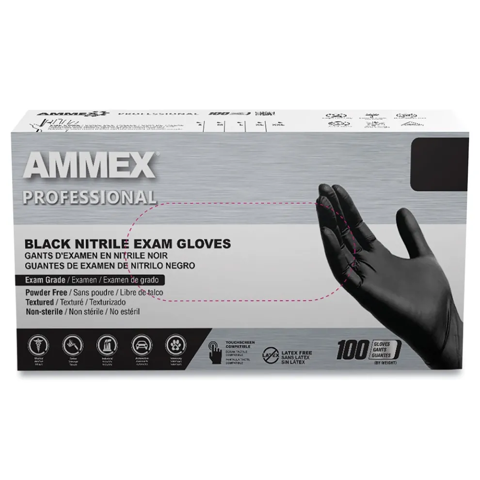 Ammex 9.5 in. Long 3 mil Powder-Free Nitrile Exam Gloves - Large/Black (1000/Carton)