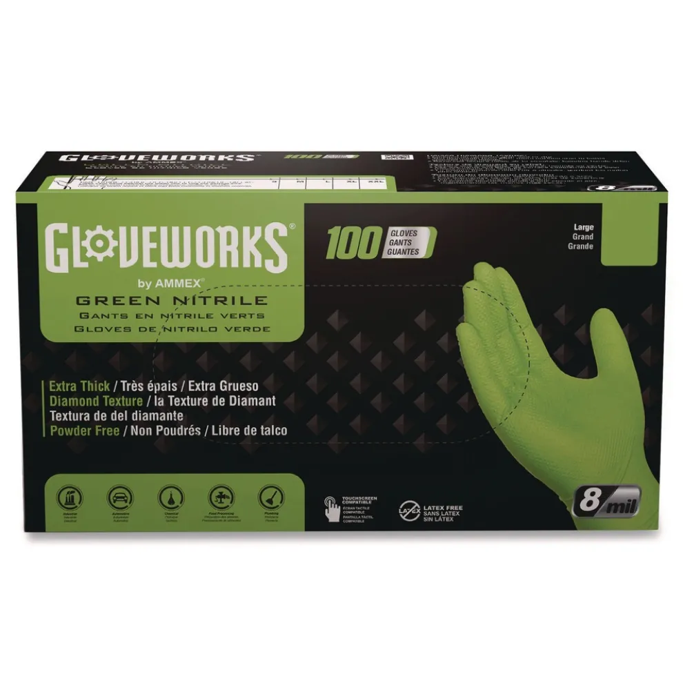 Ammex 8 mil Heavy-Duty Industrial Powder-Free Nitrile Gloves - 2X-Large, Green (1000/Carton)