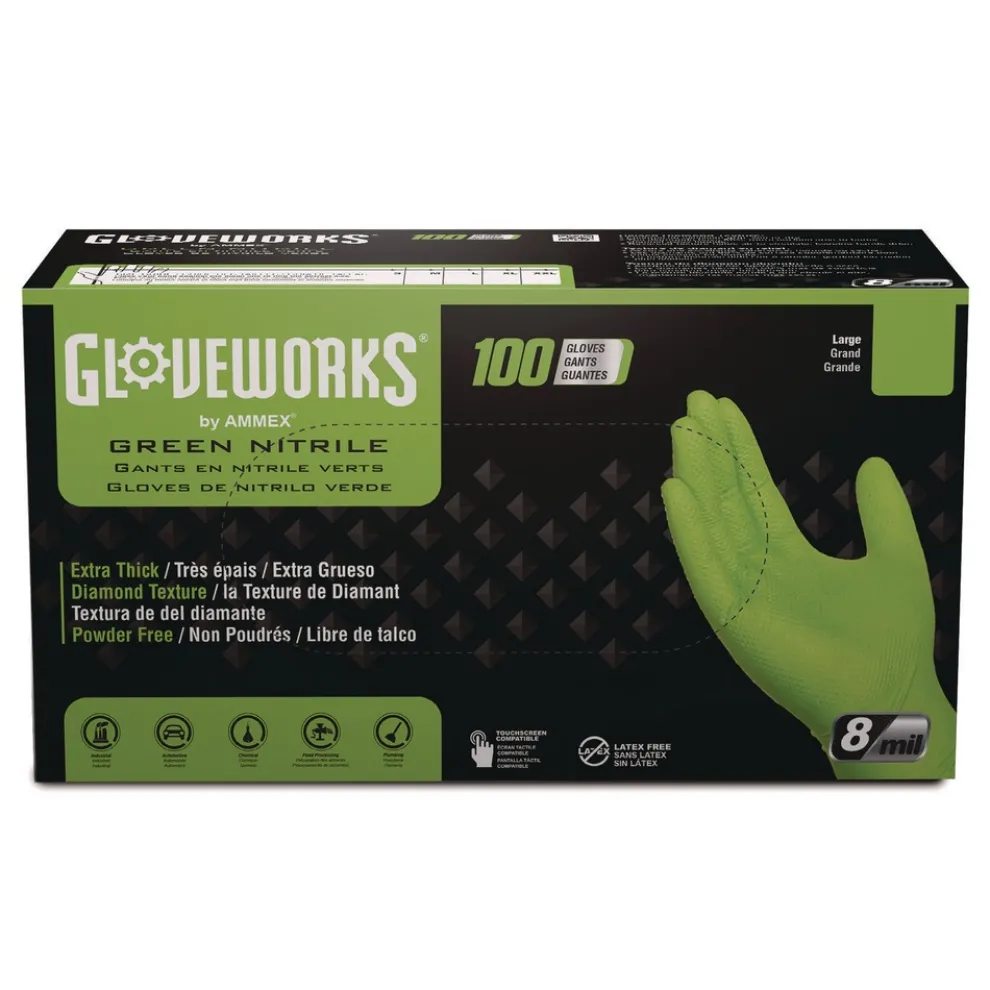 Ammex 8 mil Heavy-Duty Industrial Powder-Free Nitrile Gloves - Medium, Green (1000/Carton)