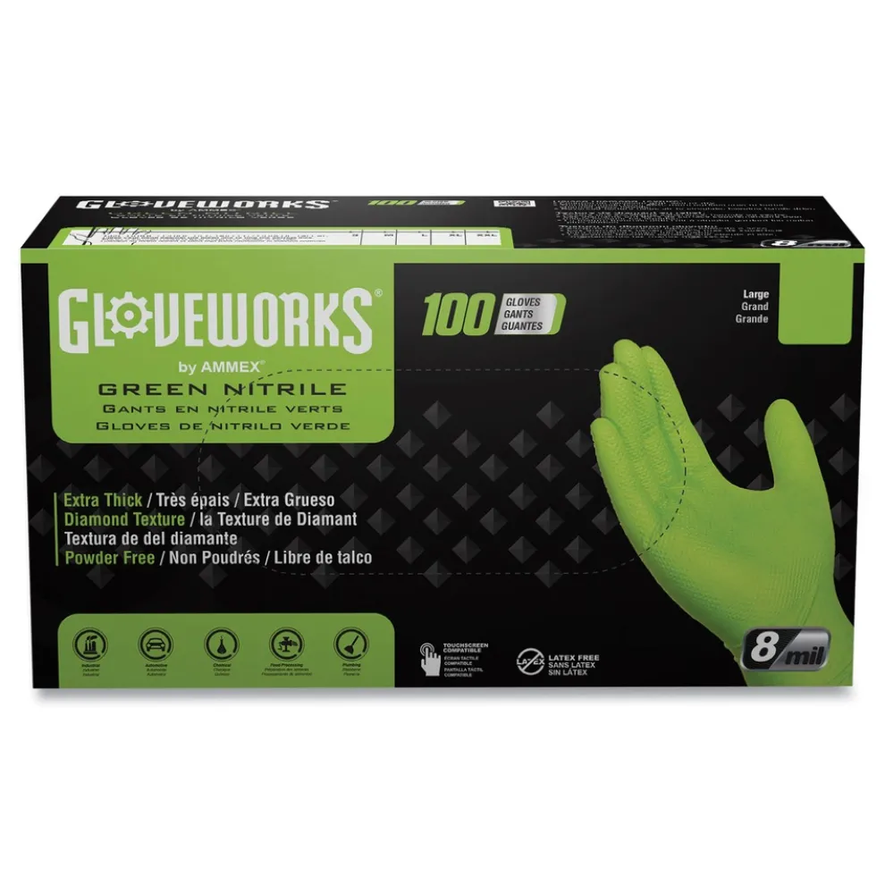 Ammex 8 mil Heavy-Duty Industrial Powder-Free Nitrile Gloves - X-Large, Green (1000/Carton)