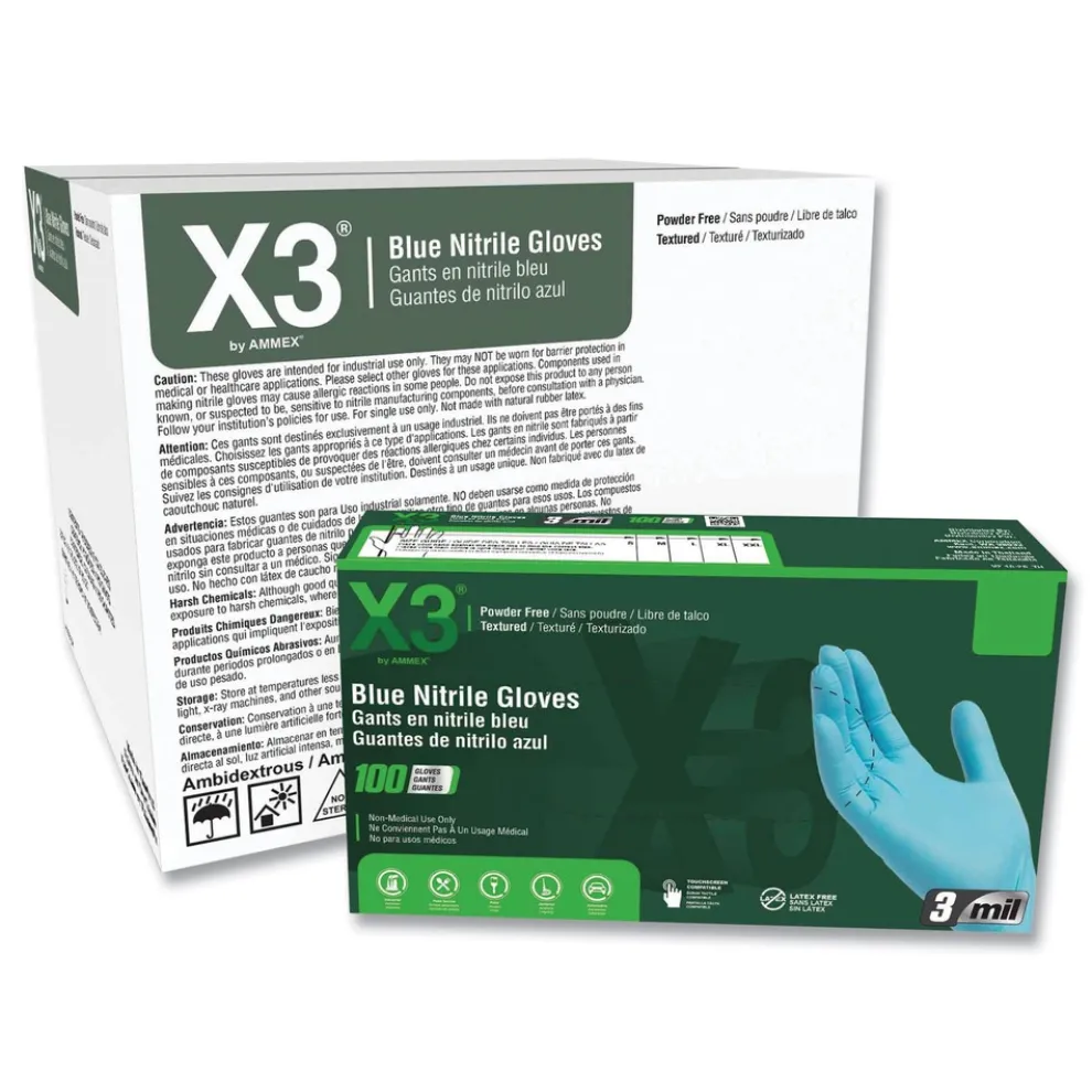 Ammex 3 mil Industrial Powder-Free Nitrile Gloves - X-Large, Blue (1000/Carton)