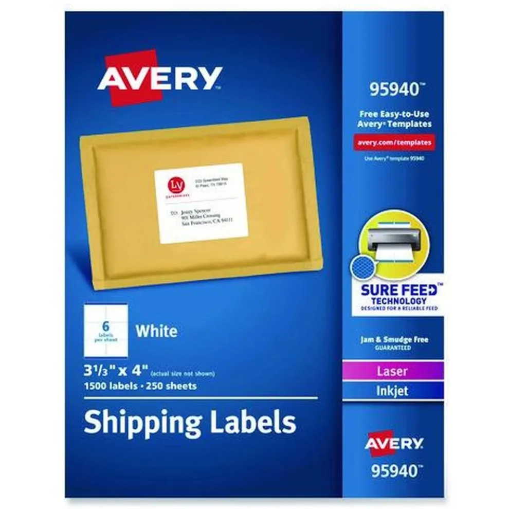 Avery 95940 3.33 in. x 4 in. Shipping Labels-Bulk Packs for Inkjet/Laser Printers - White (6/Sheet, 250 Sheets/Box)