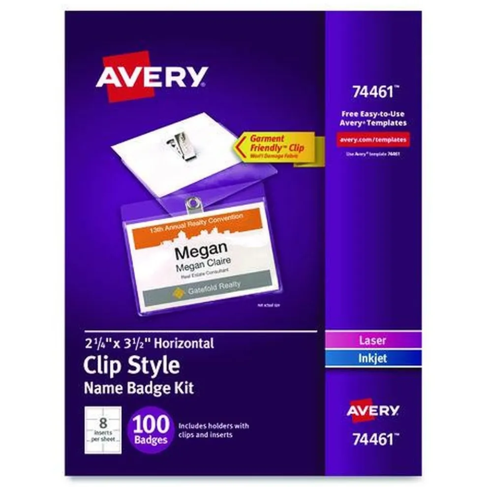Avery 74461 3.5 in. x 2.25 in. Top Load Clip-Style Badge Holder with Laser/Inkjet Insert - White (100/Box)