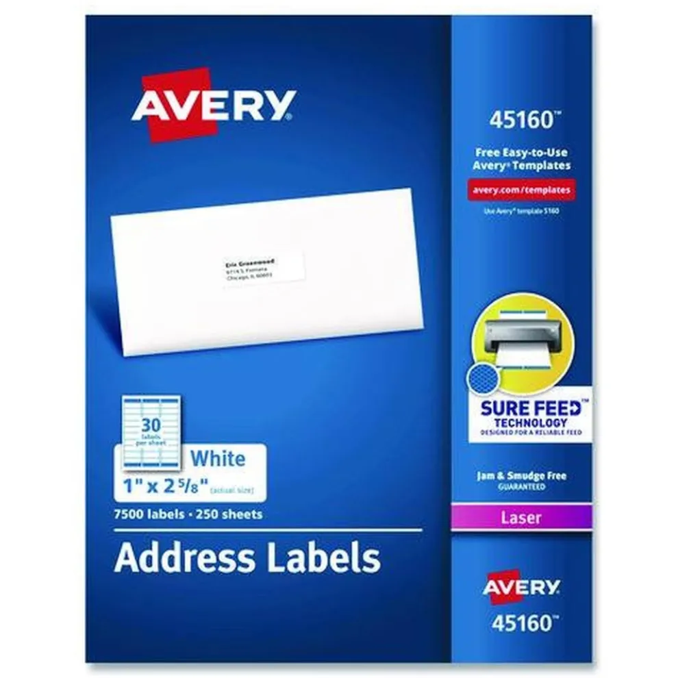 Avery 1 in. x 2.63 in. Address Labels with Sure Feed Technology for Laser Printers - White (30/Sheet, 250 Sheets/Box)