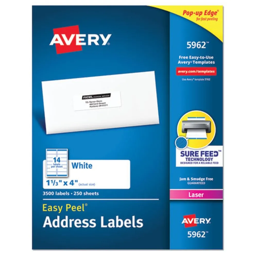 Avery 1.33 in. x 4 in. Easy Peel Address Labels with Sure Feed Technology for Laser Printers - White (14/Sheet, 250 Sheets/Box)