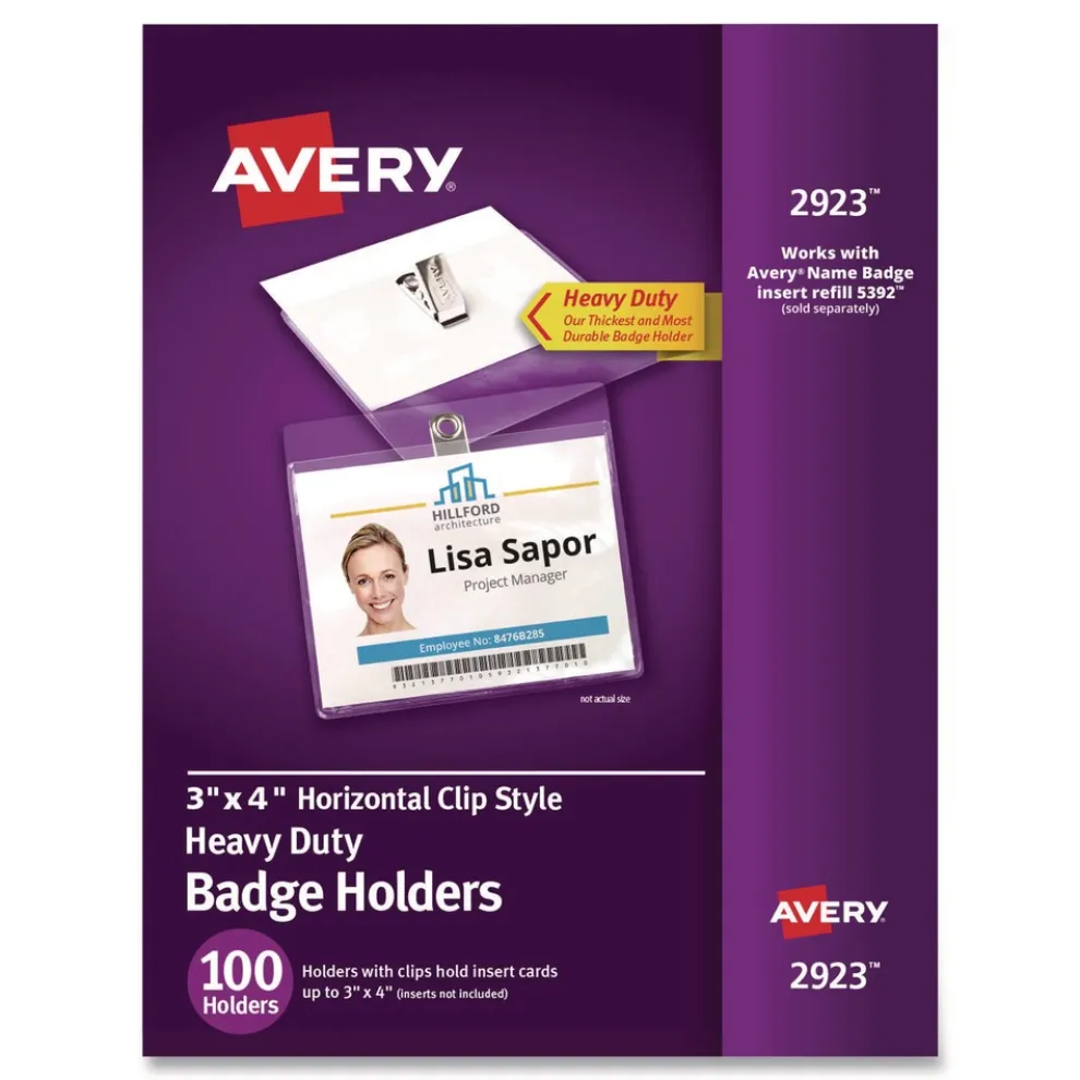 Avery 4 in. x 3 in. Horizontal Heavy-Duty Clip-Style Badge Holders - Clear (100/Box)