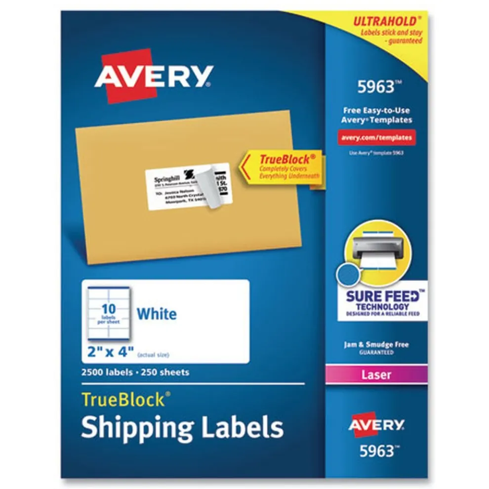 Avery 2 in. x 4 in. Shipping Labels with TrueBlock Technology for Laser Printers - White (10/Sheet, 250 Sheets/Box)