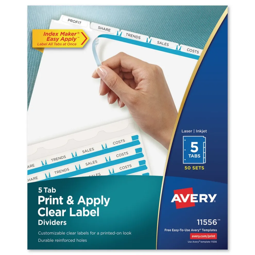 Avery 11 in. x 8.5 in. 5-Tab Print and Apply Index Maker Clear Label Dividers - White (50 Sets/Box)