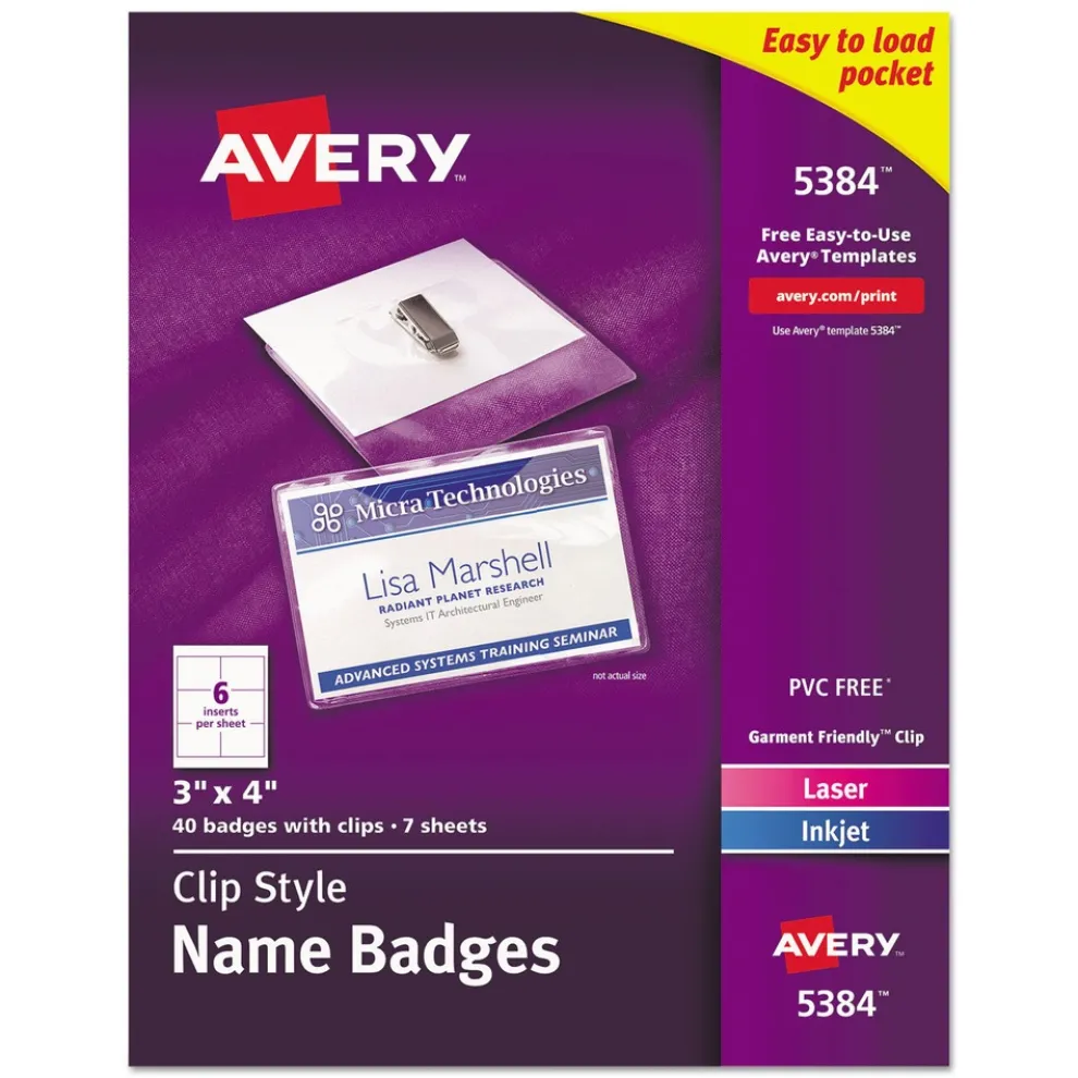 Avery 4 in. x 3 in. Top Load Clip-Style Name Badge Holder with Laser/Inkjet Insert - White (40/Box)
