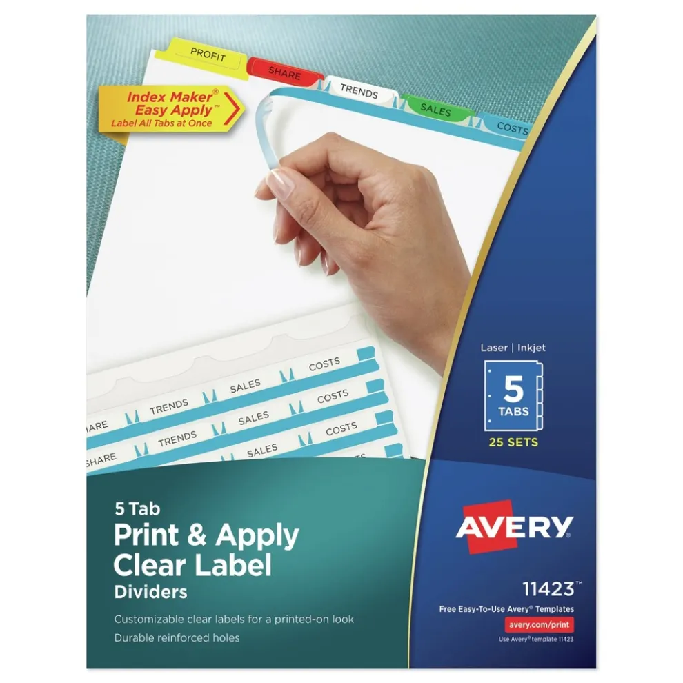 Avery Index Maker 11 in. x 8.5 in. 5-Tab Traditional Color Print and Apply Clear Label Dividers - Assorted (25/Box)