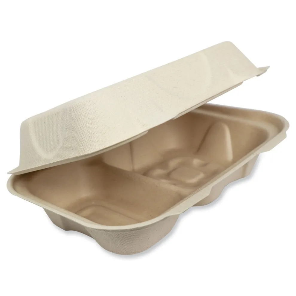 World Centric TO-SC-U34D-LFP 9.2 in. x 6.4 in. x 3 in. Paper Hoagie Box Fiber Hinged Containers - Natural (500/Carton)