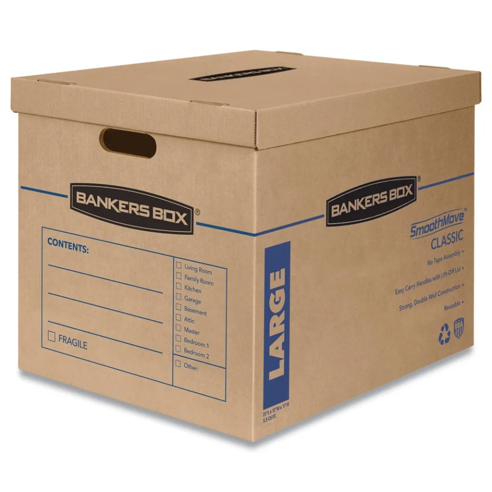 Bankers Box SmoothMove 17 in. x 21 in. x 17 in. Half Slotted Container Classic Moving/Storage Boxes - Large, Brown/Blue (5/Carton)