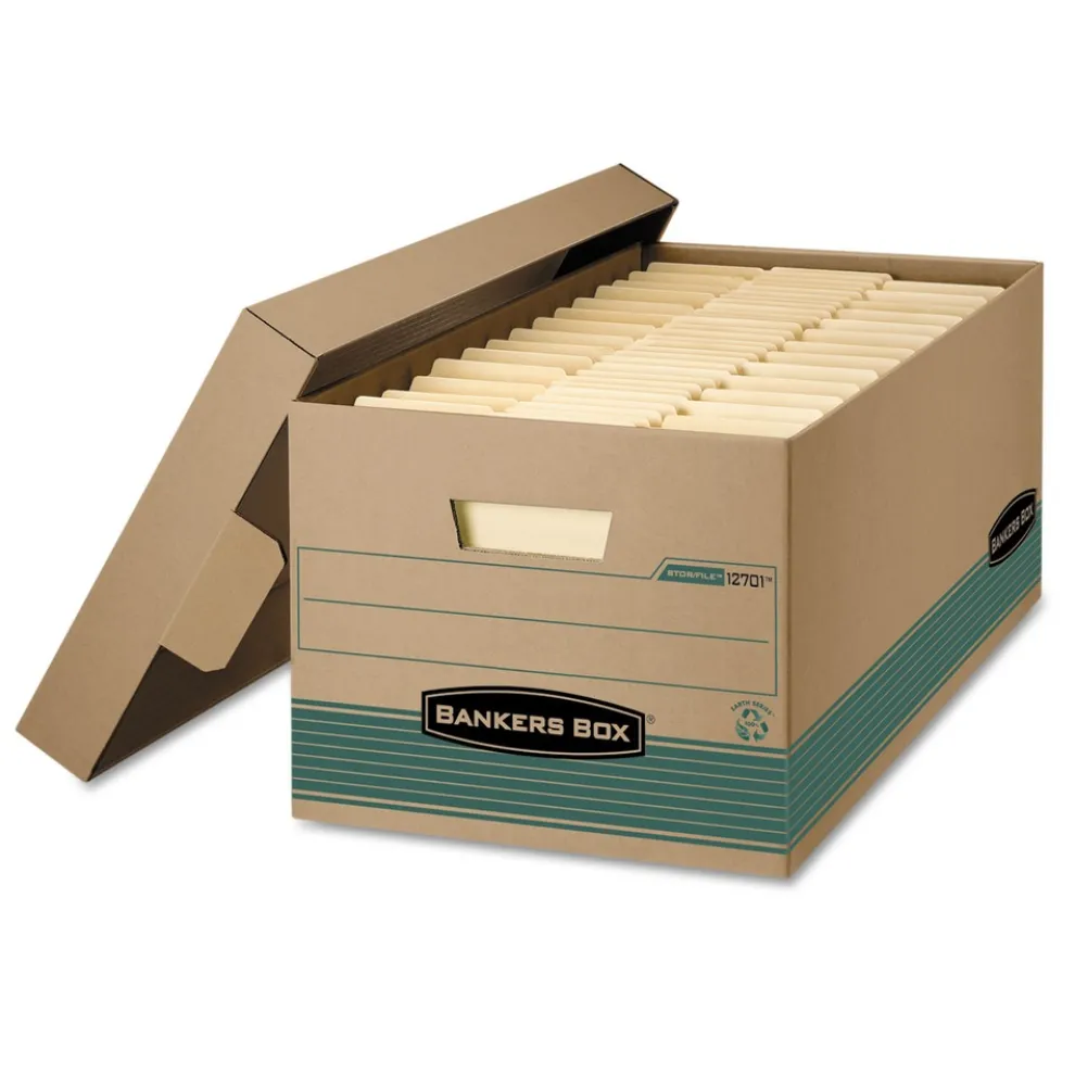 Bankers Box STOR/FILE 12.88 in. x 25.38 in. x 10.25 in. Medium-Duty 100 Percent Recycled Letter Storage Boxes - Kraft/Green (12/Carton)