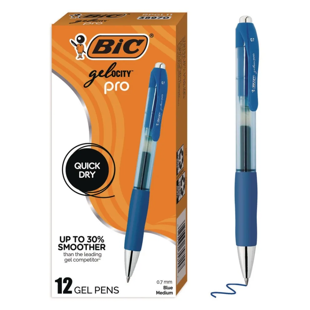BIC Medium 0.7 mm Gel-ocity Pro Quick Dry Retractable Gel Pen - Blue Ink, Blue/Clear Barrel (12/Pack)