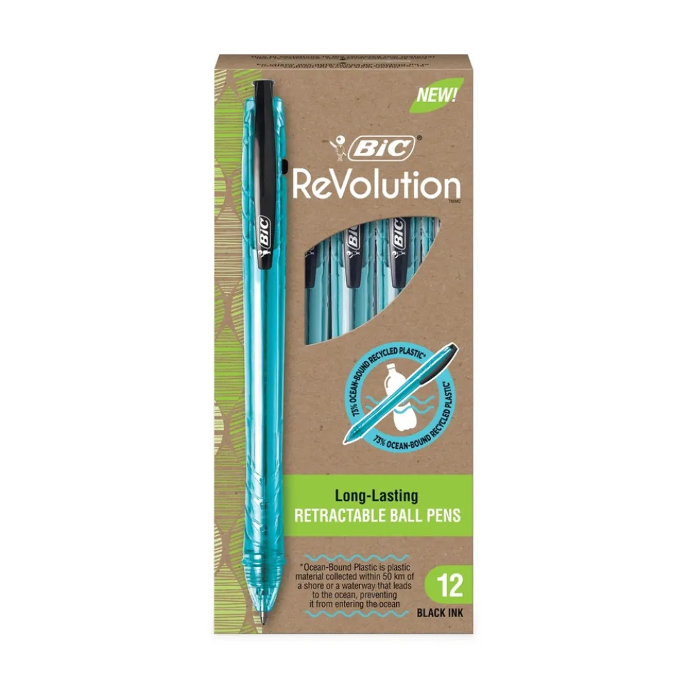 BIC ReVolution Ocean Bound Medium 1 millimeter Retractable Ballpoint Pen - Black Ink/Translucent Blue Barrel (1-Dozen)
