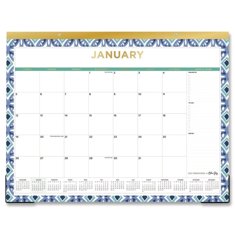 Blue Sky 22 in. x 17 in. 12-Month (Jan to Dec): 2026 Tile Monthly Desk Pad Calendar - Geometric Artwork, White/Blue/Green Sheets