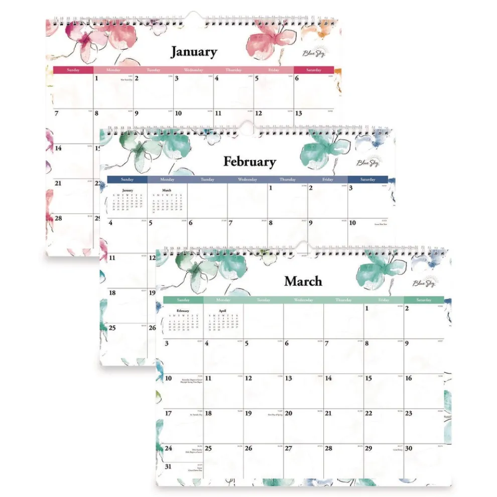 Blue Sky 15 in. x 12 in. 12-Month (Jan to Dec): 2026 Lindley Monthly Wall Calendar - Floral Artwork, White/Pink/Red Sheets