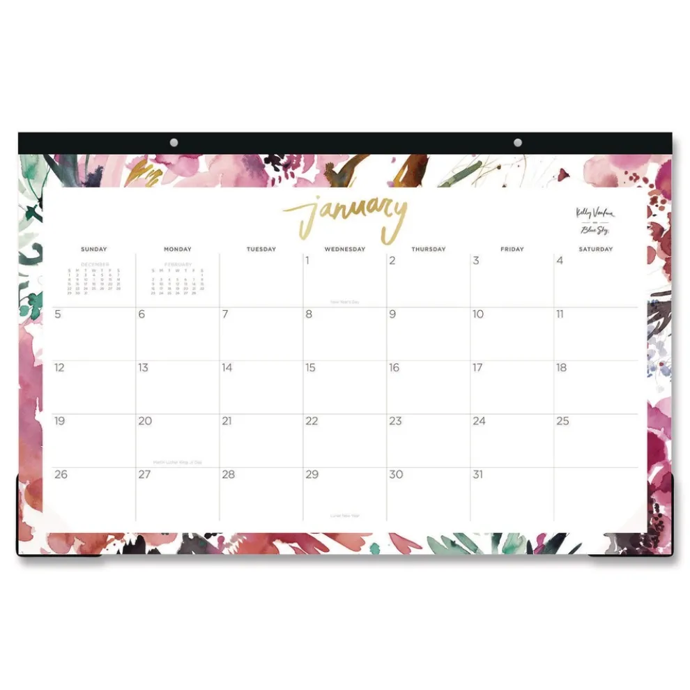 Blue Sky 17 in. x 11 in. 12-Month (Jan to Dec): 2026 Kelly Ventura Magenta Bloom Desk Pad Calendar - Floral Artwork, White/Multicolor Sheets