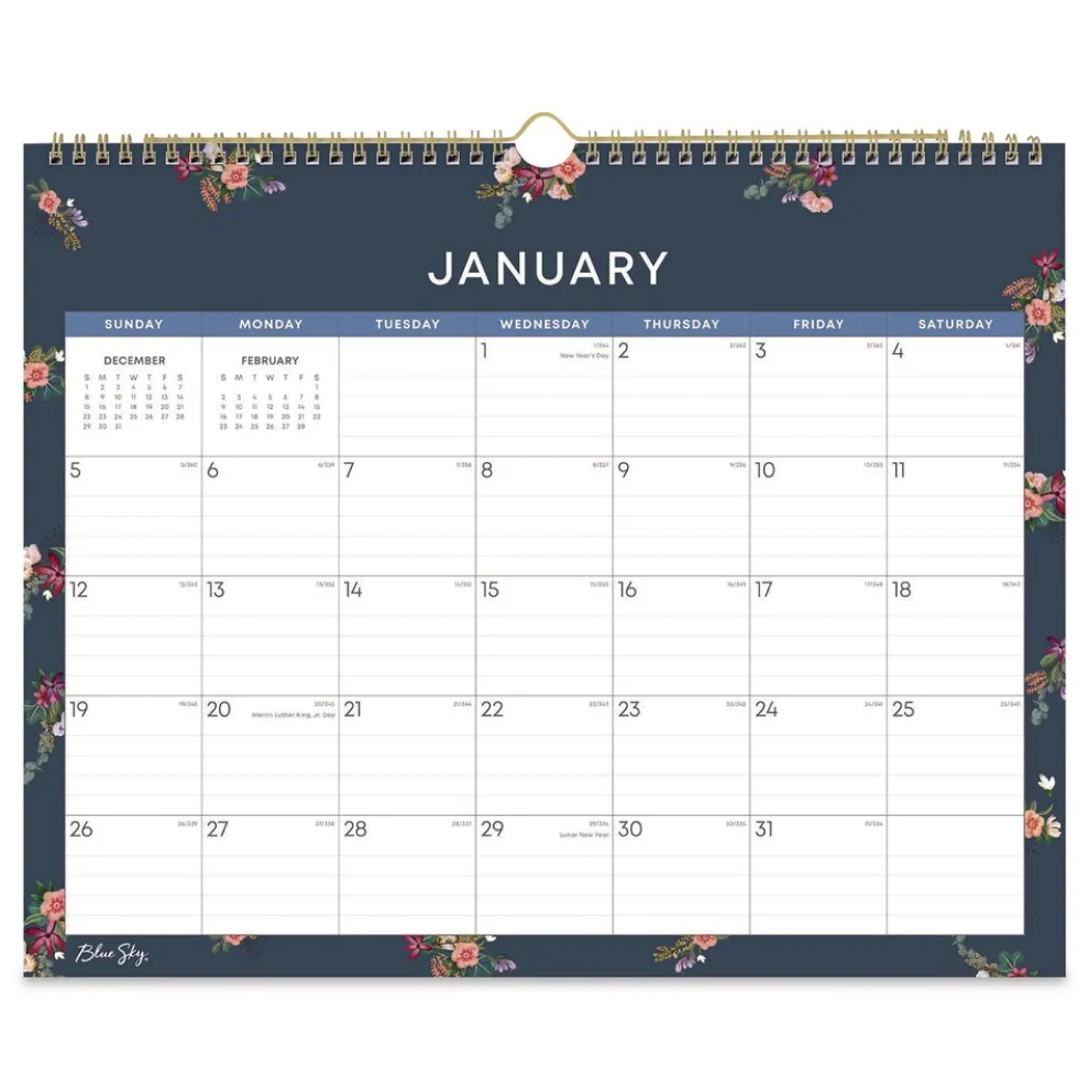 Blue Sky 15 in. x 12 in. 12-Month (Jan to Dec): 2026 Ashlyn Monthly Wall Calendar - Floral Artwork, White/Blue/Pink Sheets